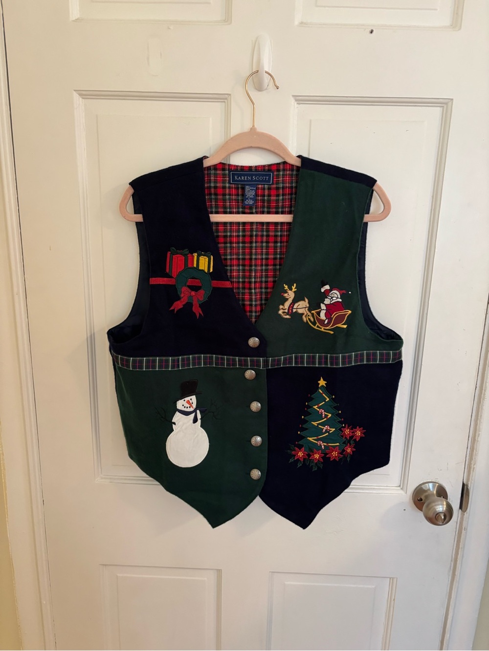 Karen Scott Green & Navy Holiday Appliqué Vest Size Large